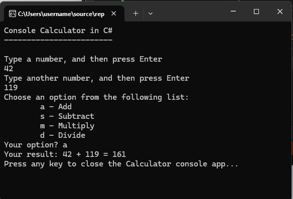Screenshot che mostra una finestra della console con l'app Calcolatrice con messaggi.