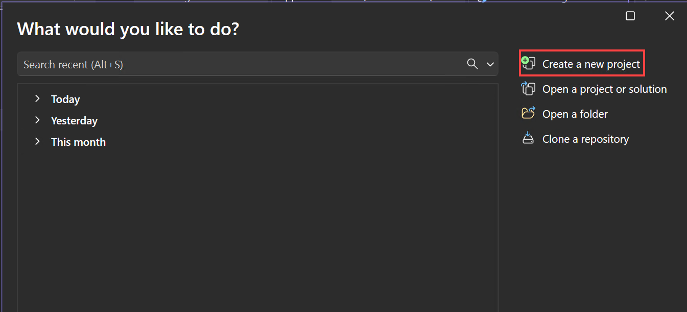 Screenshot mostra la finestra iniziale per Visual Studio. L'opzione Crea un nuovo progetto è evidenziata.