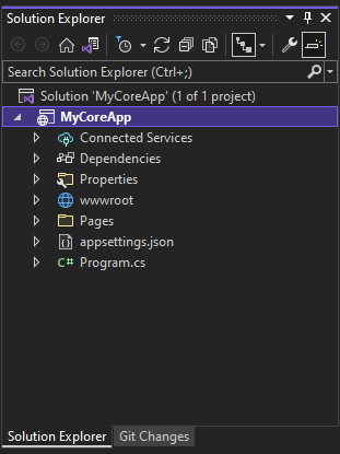 Screenshot mostra il progetto MyCoreApp selezionato e il relativo contenuto in Esplora soluzioni in Visual Studio.