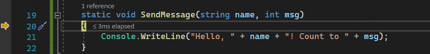 Screenshot che mostra il puntatore di esecuzione del debugger all'interno del metodo 'SendMessage'.