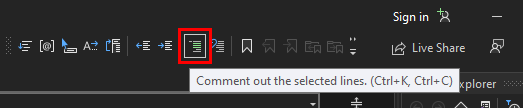 Screenshot del pulsante Comment out nella barra degli strumenti dell'editor di testo in Visual Studio 2022.