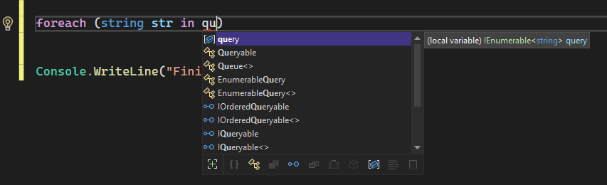 Screenshot di un popup di completamento automatico delle parole di IntelliSense in Visual Studio 2022.