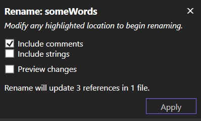 Screenshot della casella popup Rinomina in Visual Studio 2022.