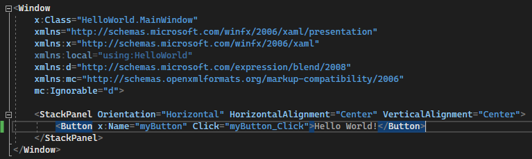 Screenshot che mostra il codice XAML per il Button nell'editor XAML in Visual Studio 2022, con il valore della proprietà Content modificato in Hello World!