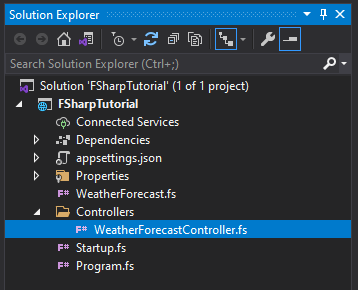 Screenshot che mostra l'Esplora Soluzioni con il Controller Previsioni Meteo espanso in un progetto di API Web F#.