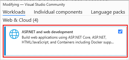 Screenshot che mostra la modifica di un carico di lavoro nel programma di installazione di Visual Studio.