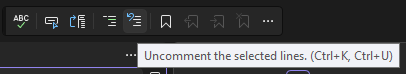 Screenshot del pulsante Rimuovi commento nella barra degli strumenti dell'editor di testo in Visual Studio.