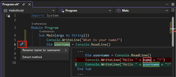 Screenshot che mostra l'azione Rinomina in Visual Studio.