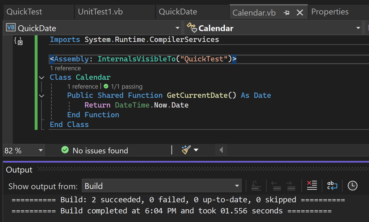 Screenshot della finestra di output in Visual Studio.