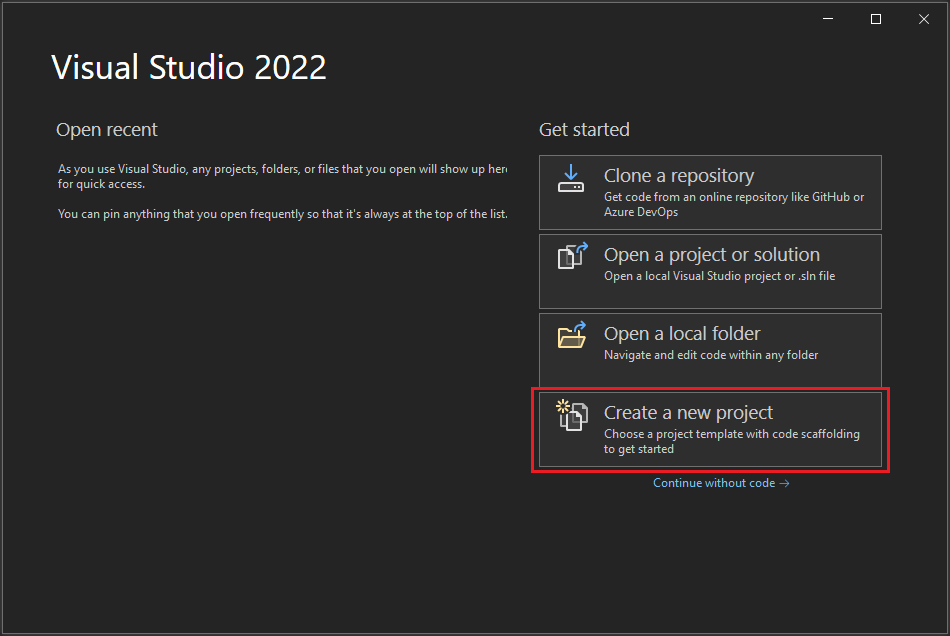 Screenshot della finestra iniziale in Visual Studio 2022 con l'opzione 