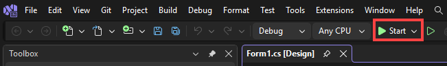 Screenshot che mostra il pulsante Start per eseguire il debug ed eseguire l'app.
