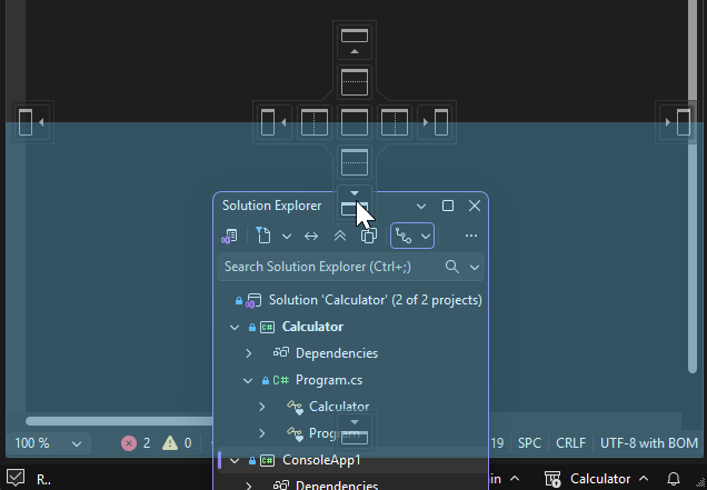 Screenshot di ciò che viene visualizzato nell'IDE quando si vuole ancorare Esplora soluzioni in una nuova posizione.