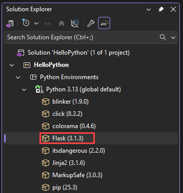 Screenshot che mostra la libreria Flask installata e presente in Esplora soluzioni in Visual Studio.