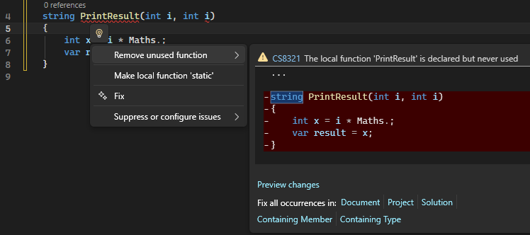 Screenshot che mostra i dettagli della raccomandazione azione rapida con l'icona a forma di lampadina in Visual Studio.