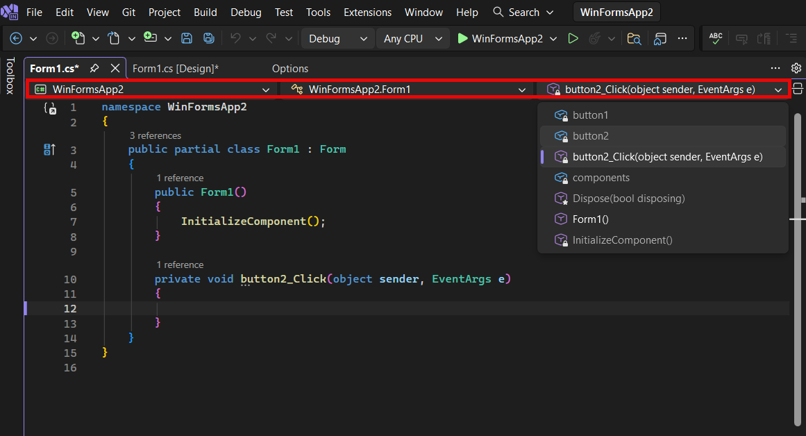 Screenshot che mostra la barra di spostamento del codice.