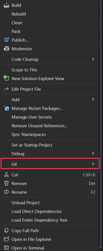 Screenshot del menu di scelta rapida del pulsante destro del mouse da un nodo del progetto in Esplora soluzioni, che mostra un'opzione aggiuntiva.
