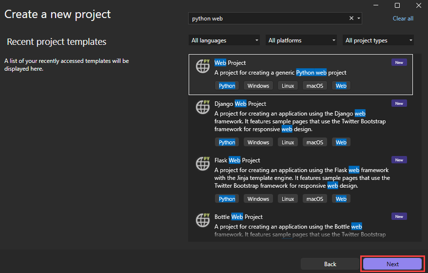 Screenshot che mostra come creare un nuovo progetto Web Python in Visual Studio.