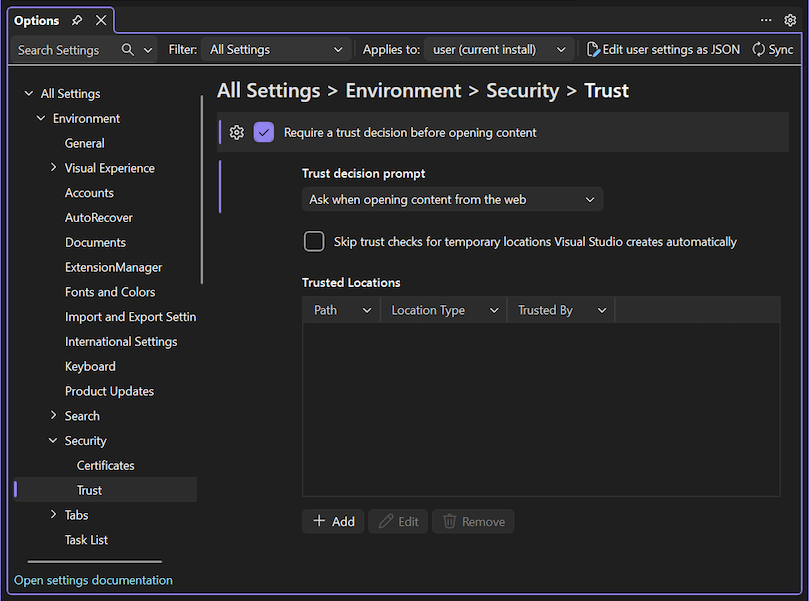 Screenshot che mostra come modificare le opzioni di sicurezza correlate all'apertura del contenuto dal Web.