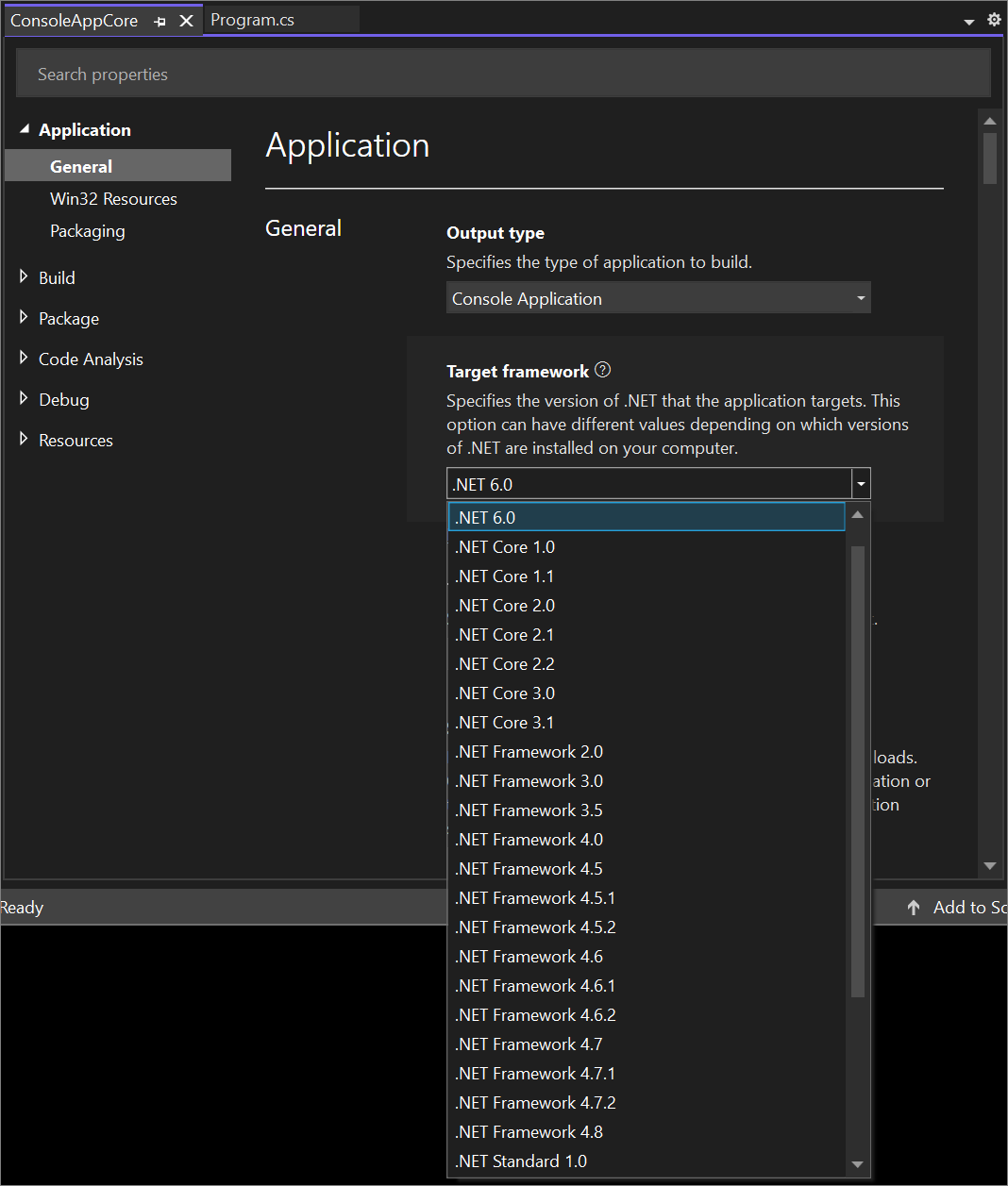 Screenshot delle versioni del framework di destinazione per un progetto .NET in Visual Studio 2022.