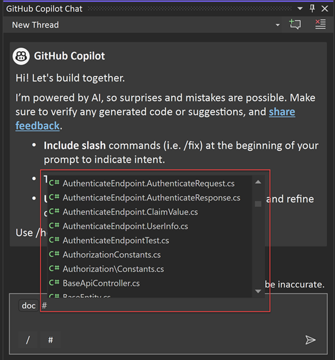 Schermata che mostra il riferimento al file in Copilot Chat.
