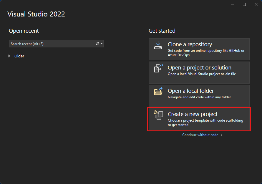 Screenshot che mostra l'opzione Crea un nuovo progetto.