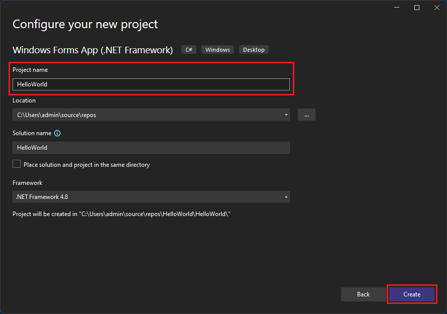 Screenshot che mostra la finestra Configura il nuovo progetto per il progetto denominato HelloWorld.