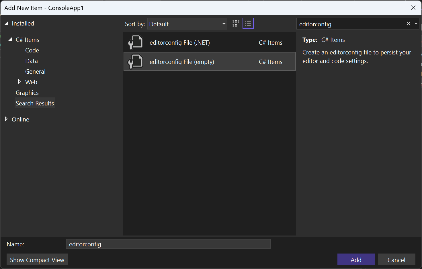 Screenshot che mostra i modelli di file EditorConfig in Visual Studio.