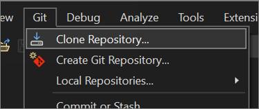 Screenshot dell'opzione Clona repository dal menu Git in Visual Studio.