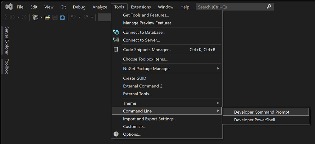 Screenshot del menu Riga di comando in Visual Studio.
