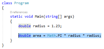 Screenshot del codice C# per la classe Program. Nella funzione Main di tale classe viene evidenziata una riga di codice.