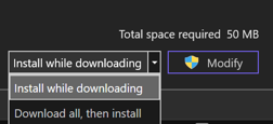 Screenshot delle opzioni di download e installazione nel programma di installazione di Visual Studio.