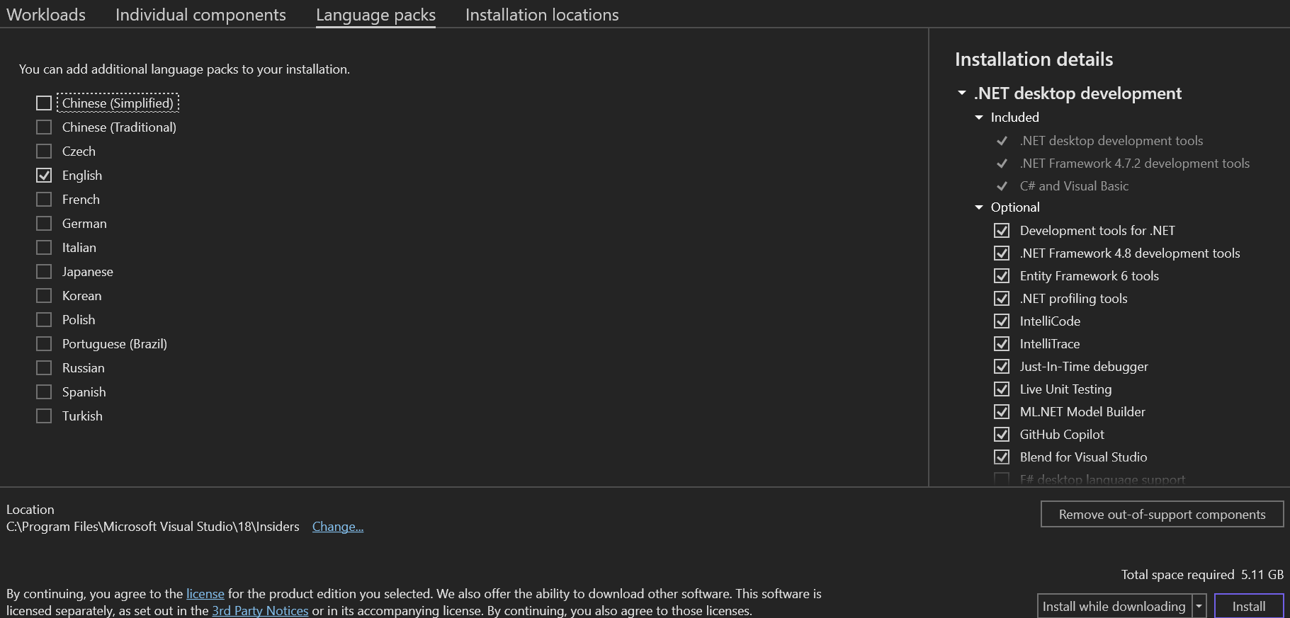 Screenshot che mostra la scheda Language Pack del programma di installazione di Visual Studio.
