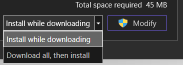 Screenshot delle opzioni di download e installazione nel programma di installazione di Visual Studio.