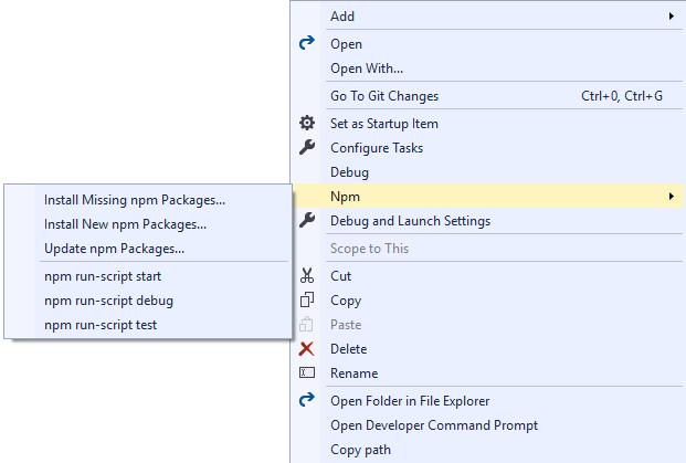 menu npm in Esplora soluzioni