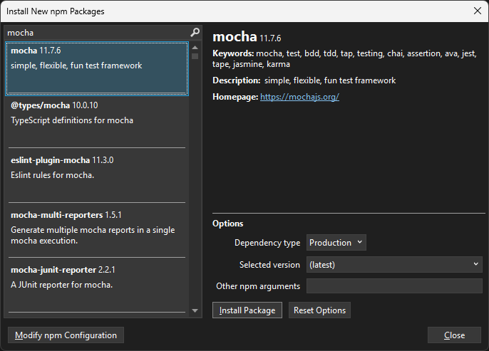 Screenshot dell'installazione del nuovo pacchetto npm per esproj.