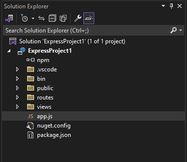 Screenshot del nuovo progetto aperto Esplora soluzioni in Visual Studio 2022.
