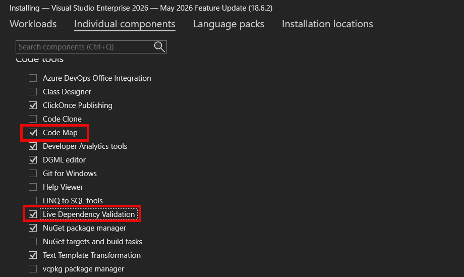 Schermata in cui sono mostrati i componenti Code Map e Convalida in tempo reale delle dipendenze in Visual Studio Installer.