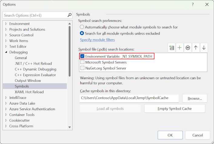 Screenshot che mostra le opzioni Strumenti, Debug, Opzioni, Caricamento simboli.