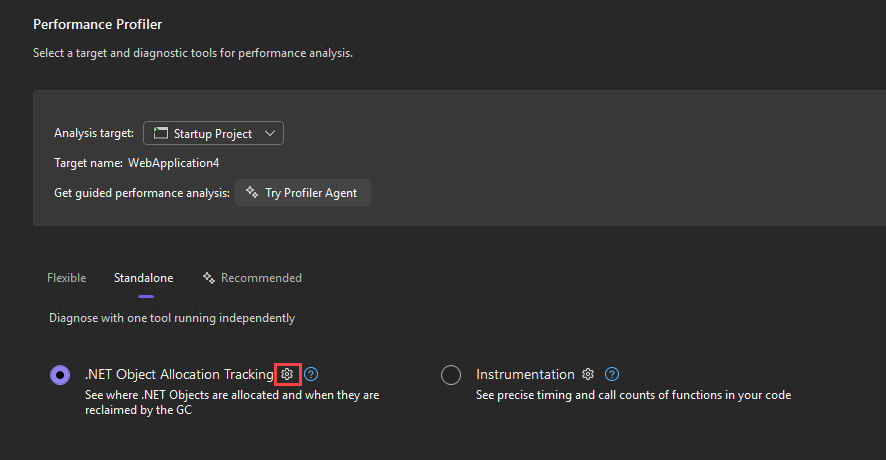 Screenshot che mostra il pulsante delle impostazioni per il monitoraggio dell'allocazione degli oggetti in .NET.