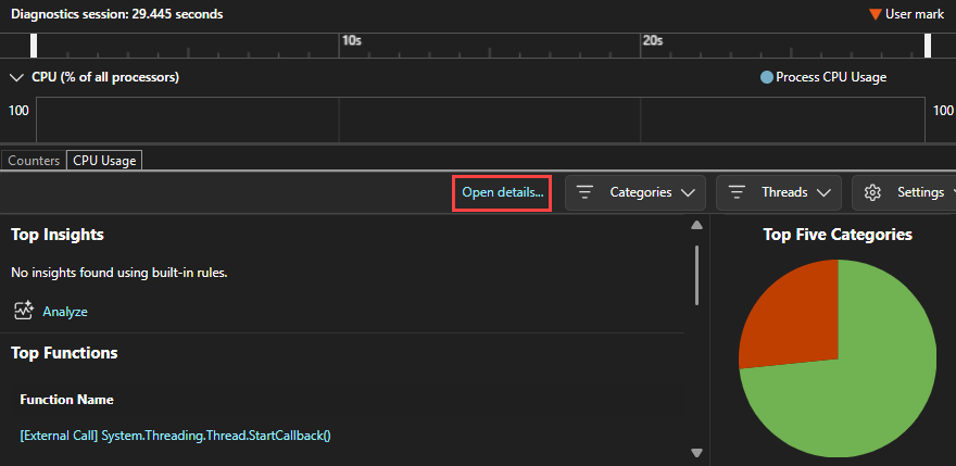 Screenshot che mostra l'opzione Apri dettagli selezionata in Visual Studio.