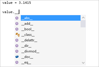 Screenshot che mostra i tipi di completamento dei membri privati dunder nell'editor di Visual Studio.