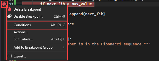 Screenshot che mostra come selezionare l'opzione per configurare condizioni per un punto di interruzione in Visual Studio.