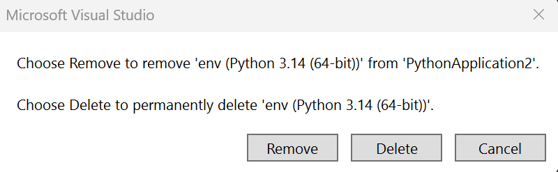 Screenshot che mostra come eliminare o rimuovere un ambiente Python.