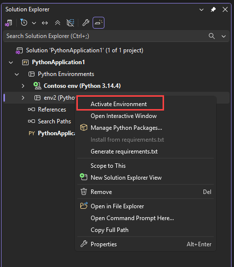 Screenshot che illustra come attivare un ambiente di progetto in Visual Studio.