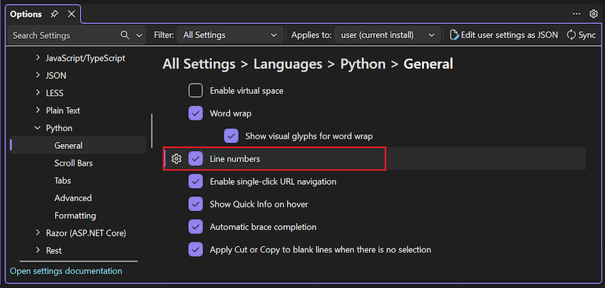 Screenshot che mostra come abilitare la numerazione delle righe nell'editor con l'opzione Linguaggi Python Generale Numeri di riga.