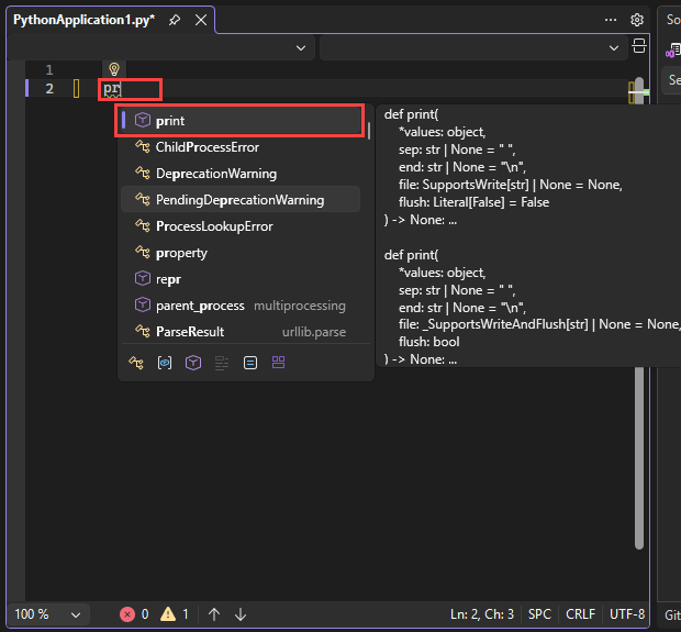 Screenshot che mostra le opzioni di completamento automatico di IntelliSense nell'editor in Visual Studio. L'opzione di completamento predefinita è evidenziata.