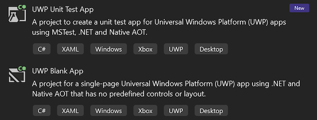 UWP .NET 9 modelli di progetto MSTest