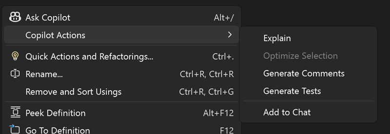 Screenshot del menu di scelta rapida Visual Studio che mostra cinque azioni Copilot, tra cui Spiega, Ottimizza selezione, Genera commenti, Genera test e Aggiungi a chat