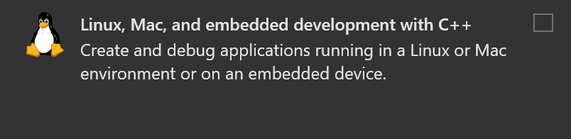 Screenshot del programma di installazione di Visual Studio che mostra i carichi di lavoro rinominati per lo sviluppo su Linux, Mac, e incorporato con C++