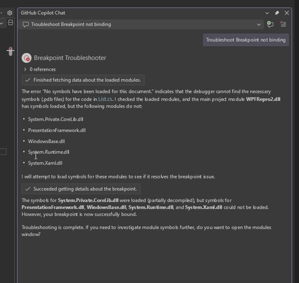 Screenshot che mostra la risposta di Copilot nella chat Copilot per la risoluzione dei problemi del punto di interruzione nell'azione di clic sul pulsante Chiedi a Copilot.